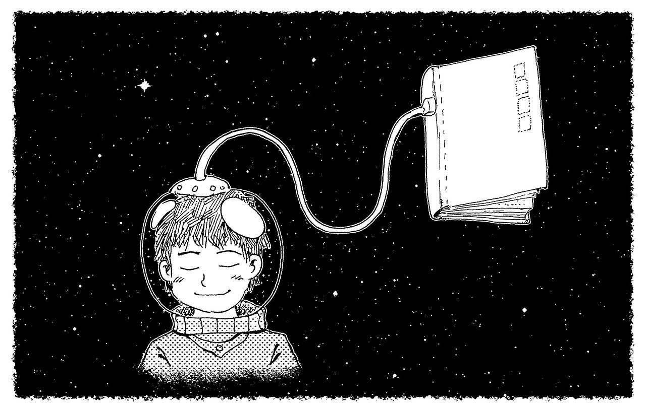 Un astronauta leyendo un libro